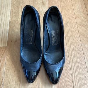 Ferragamo black leather and latent leather high heels Size 7